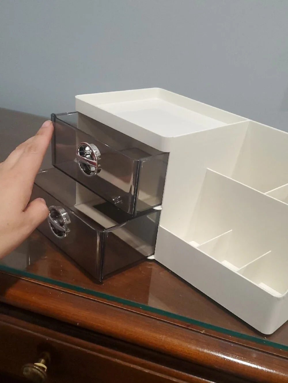 White Makeup Organizer with Smoke Drawers and Divided Compartments